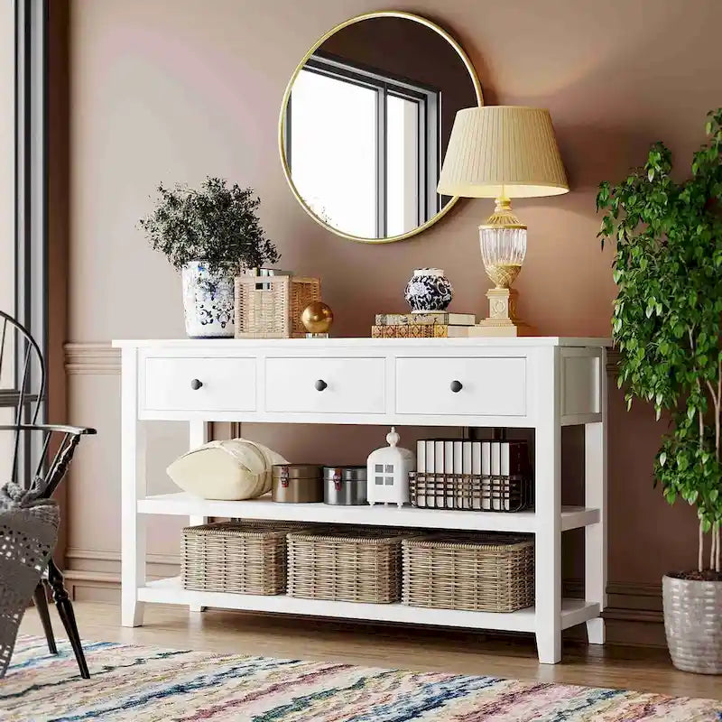 Table console de 50 L au design rétro avec deux étagères ouvertes, cadre et pieds en pin massif