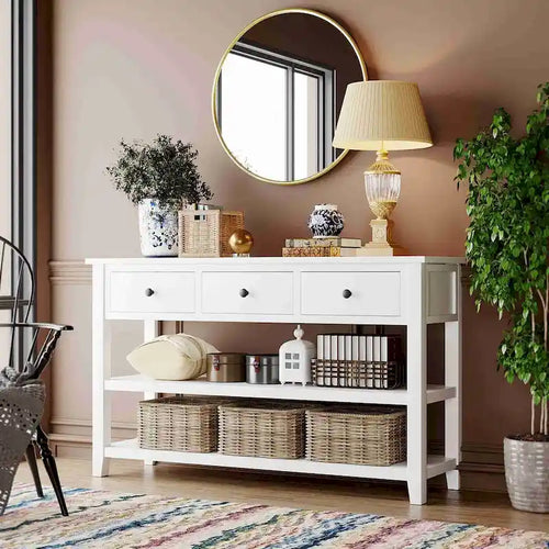 Table console de 50 L au design rétro avec deux étagères ouvertes, cadre et pieds en pin massif