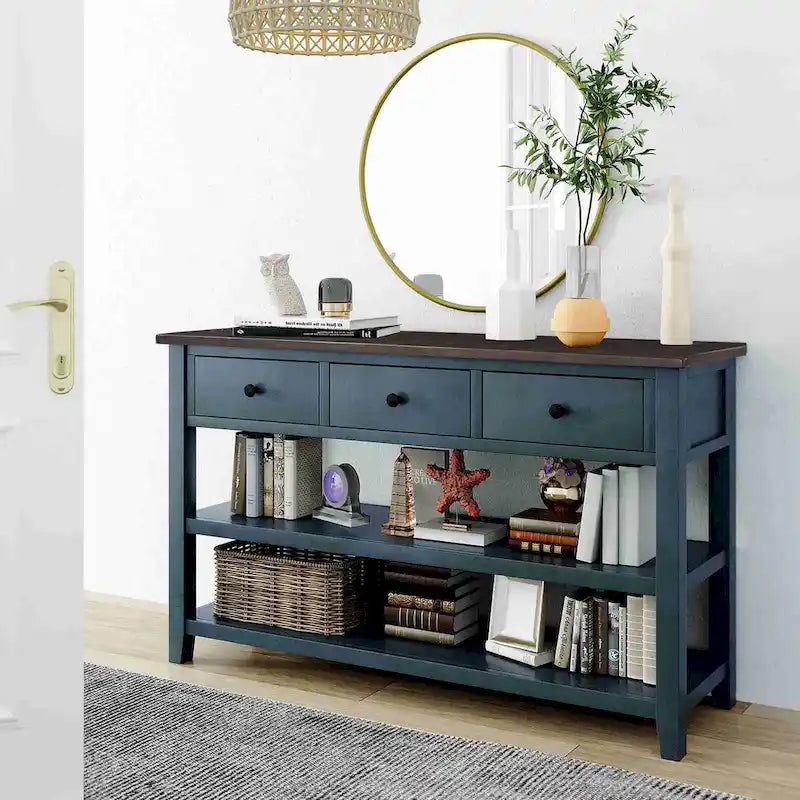Table console de 50 L au design rétro avec deux étagères ouvertes, cadre et pieds en pin massif