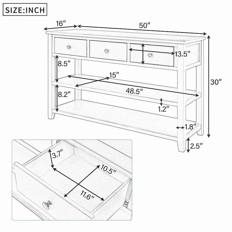 Table console de 50 L au design rétro avec deux étagères ouvertes, cadre et pieds en pin massif