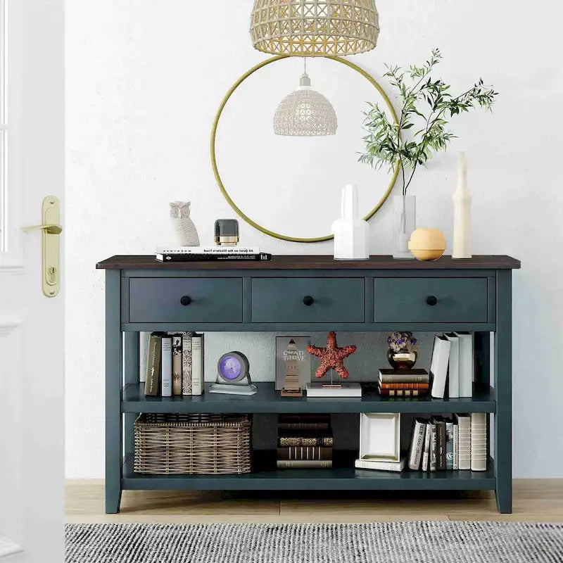 Table console de 50 L au design rétro avec deux étagères ouvertes, cadre et pieds en pin massif