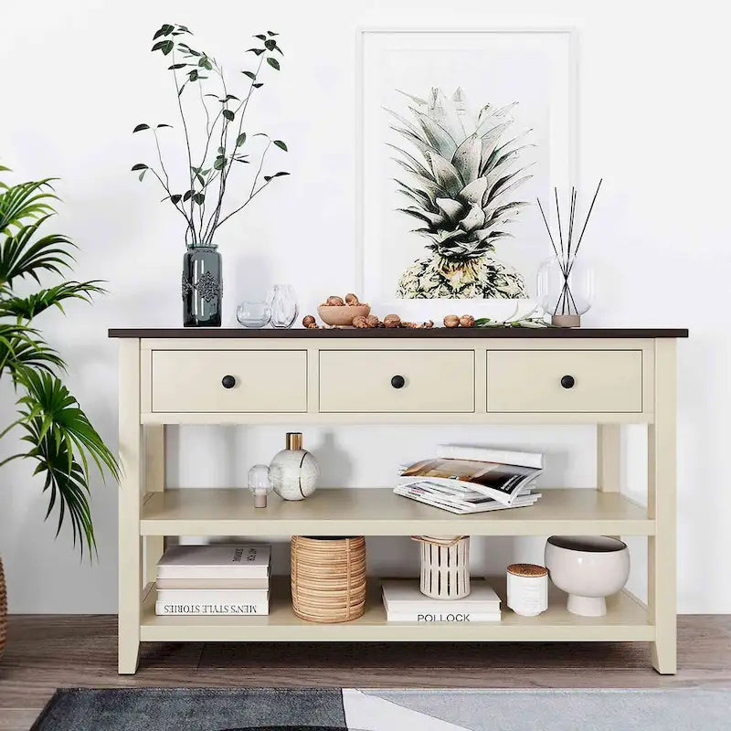 Table console de 50 L au design rétro avec deux étagères ouvertes, cadre et pieds en pin massif