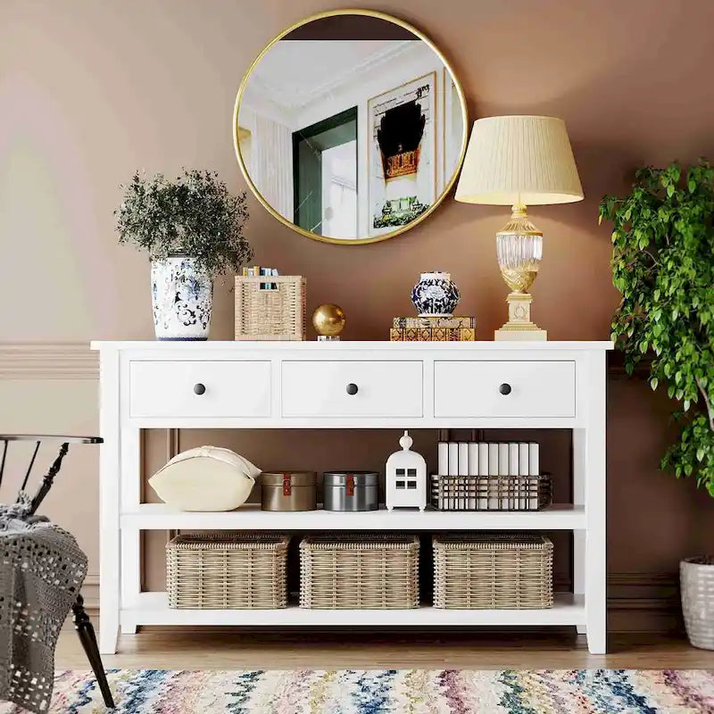 Table console de 50 L au design rétro avec deux étagères ouvertes, cadre et pieds en pin massif