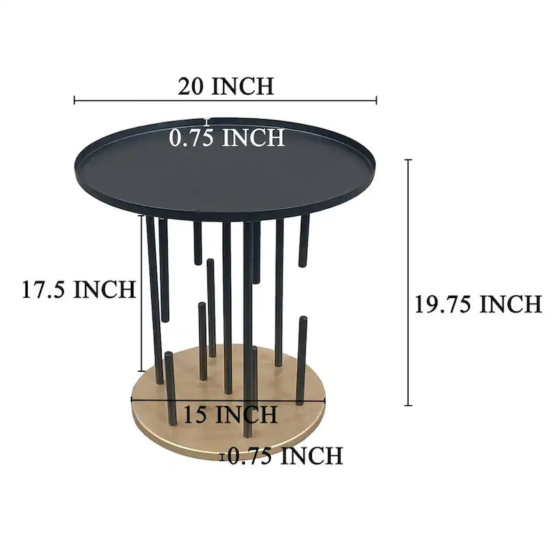 Table d'appoint de 50,8 cm, plateau rond noir mat, pieds modernes en tige avec base en laiton