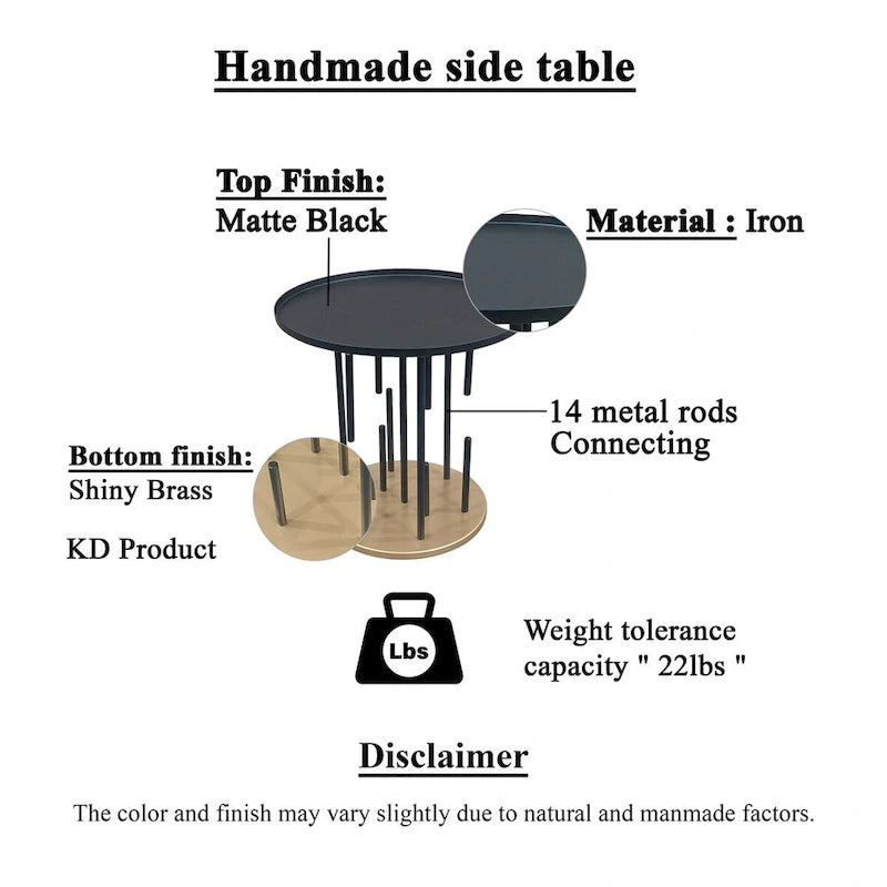 Table d'appoint de 50,8 cm, plateau rond noir mat, pieds modernes en tige avec base en laiton