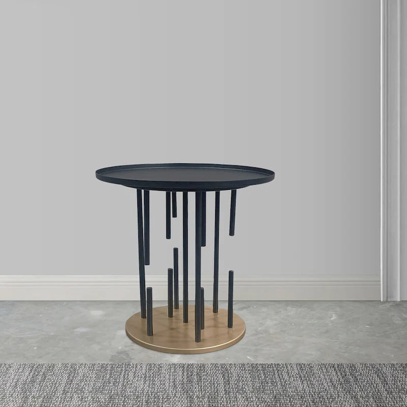 Table d'appoint de 50,8 cm, plateau rond noir mat, pieds modernes en tige avec base en laiton