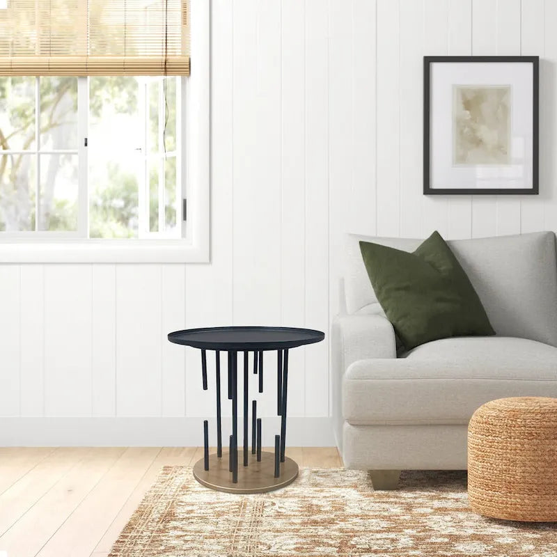 Table d'appoint de 50,8 cm, plateau rond noir mat, pieds modernes en tige avec base en laiton