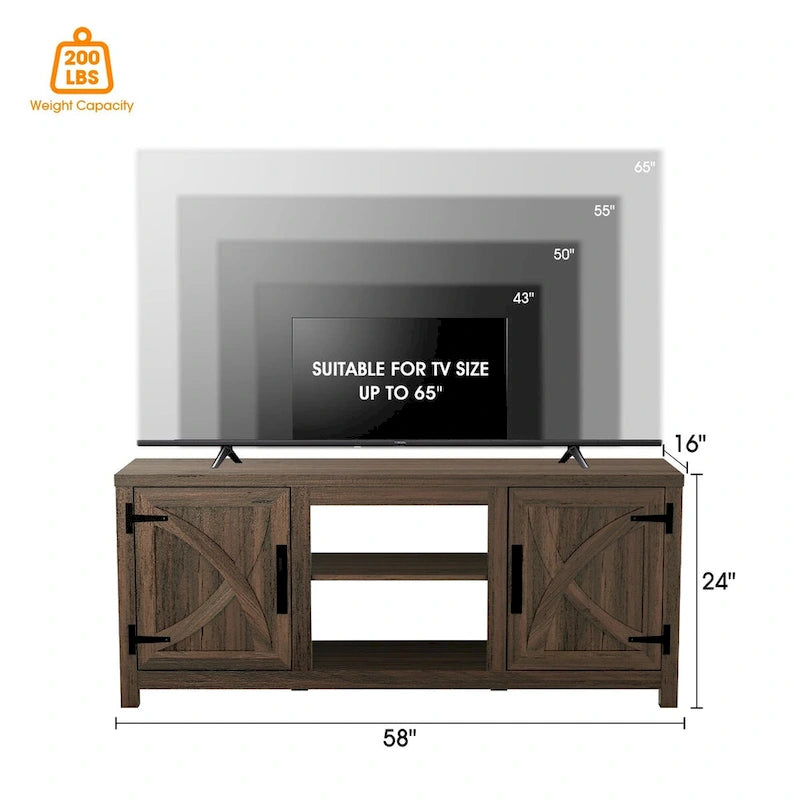 Meuble TV console en bois avec portes de grange rustiques en noyer de 58 po pour téléviseurs jusqu'à 65 po - 58 po de largeur