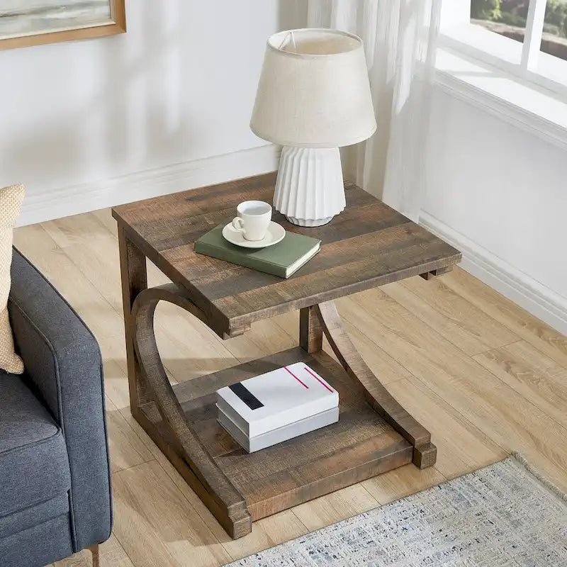 Table basse unique, table basse moderne en bois massif de 60,5 cm avec rangement, table basse en bois massif de forme spéciale